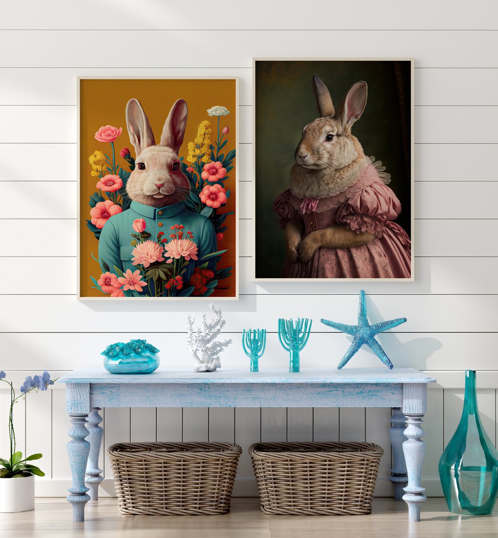 Whimsical BUNNY GET TOGETHER, SET OF 2 PAINTINGS showcasing charming rabbit portraits for enchanting wall decor.