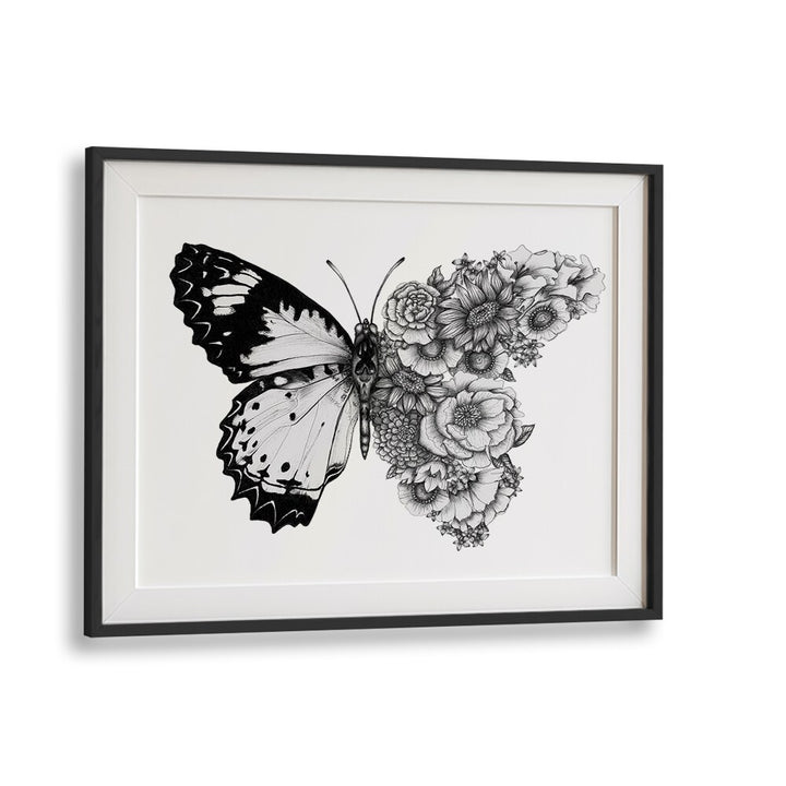 butterfly in bloom Wildlife paintings in Black Frame With Mount