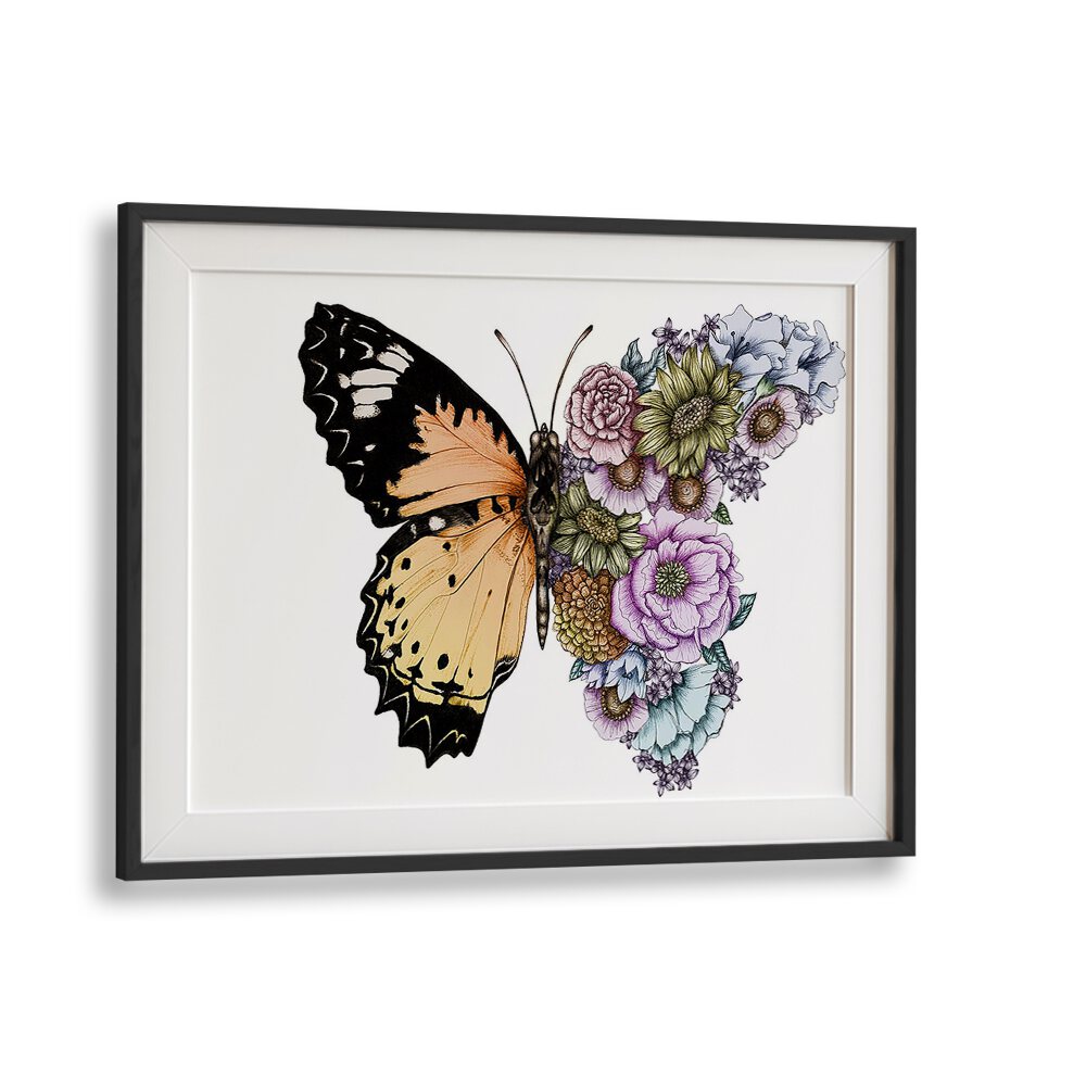 butterfly in bloom color original Wildlife paintings in Black Frame With Mount