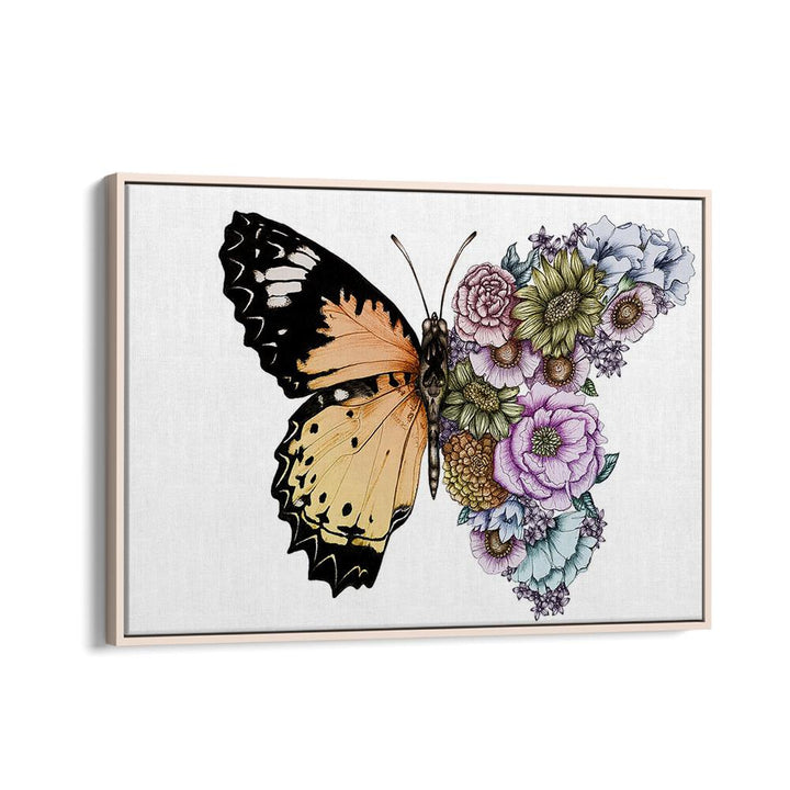 butterfly in bloom color original Wildlife paintings in Oak Wood Floater Frame