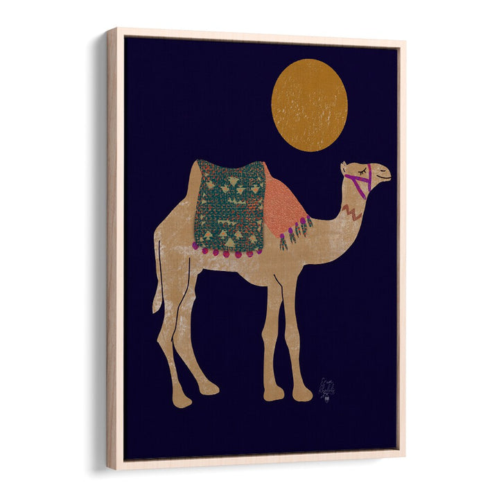 camel and moon Wildlife paintings in Oak Wood Floater Frame