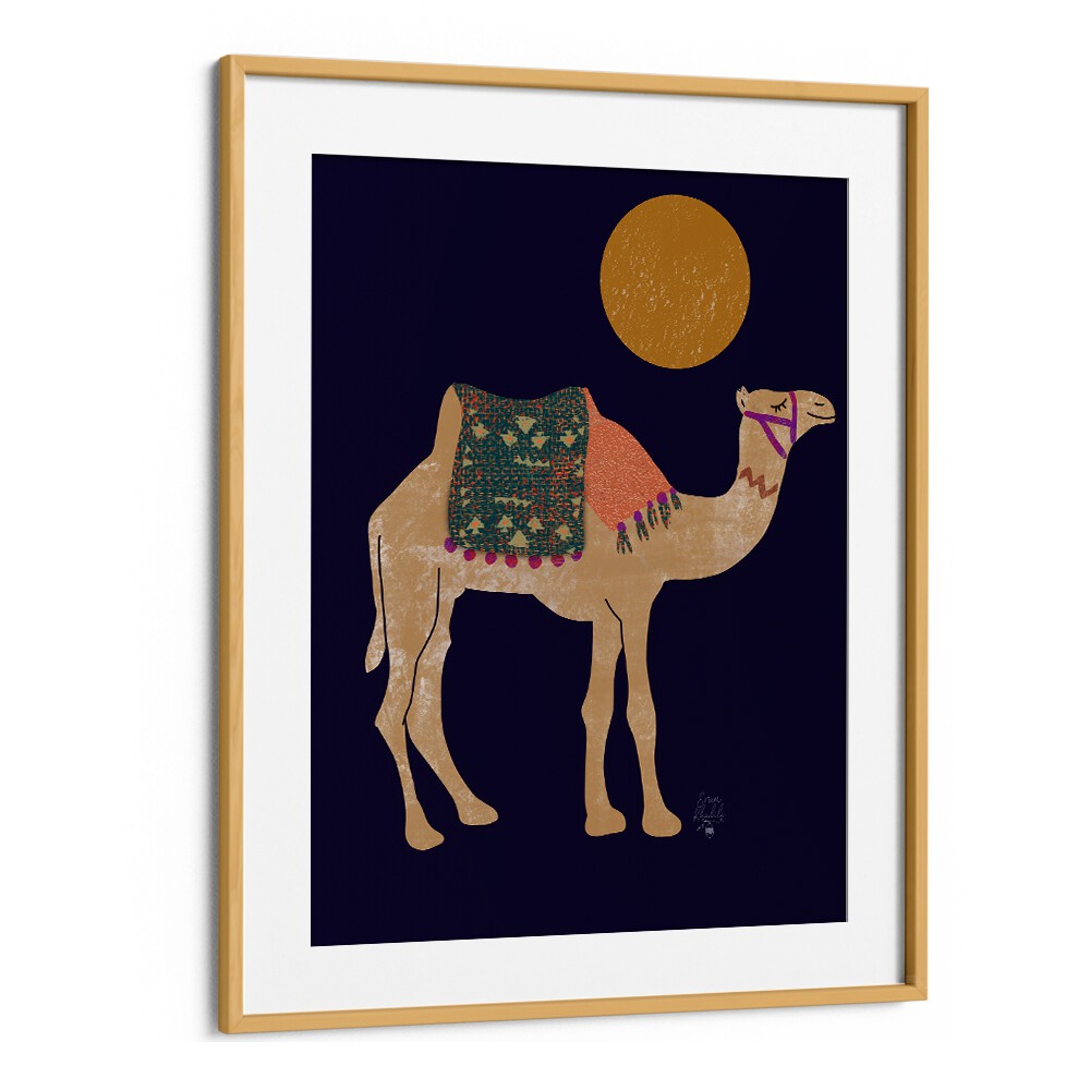 camel and moon Wildlife paintings in Oak Wood Frame With Mount