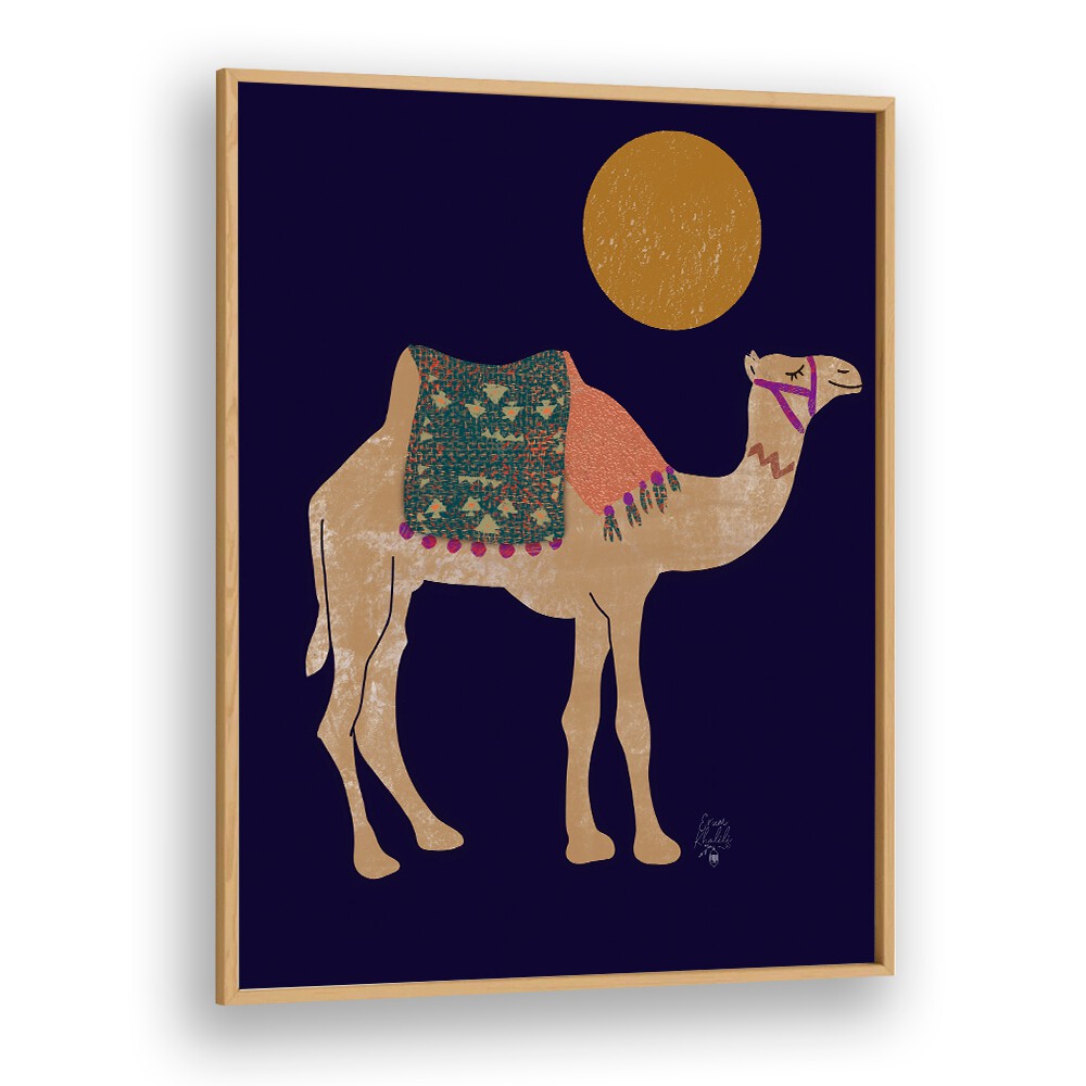 camel and moon Wildlife paintings in Oak Wood Plain Frame