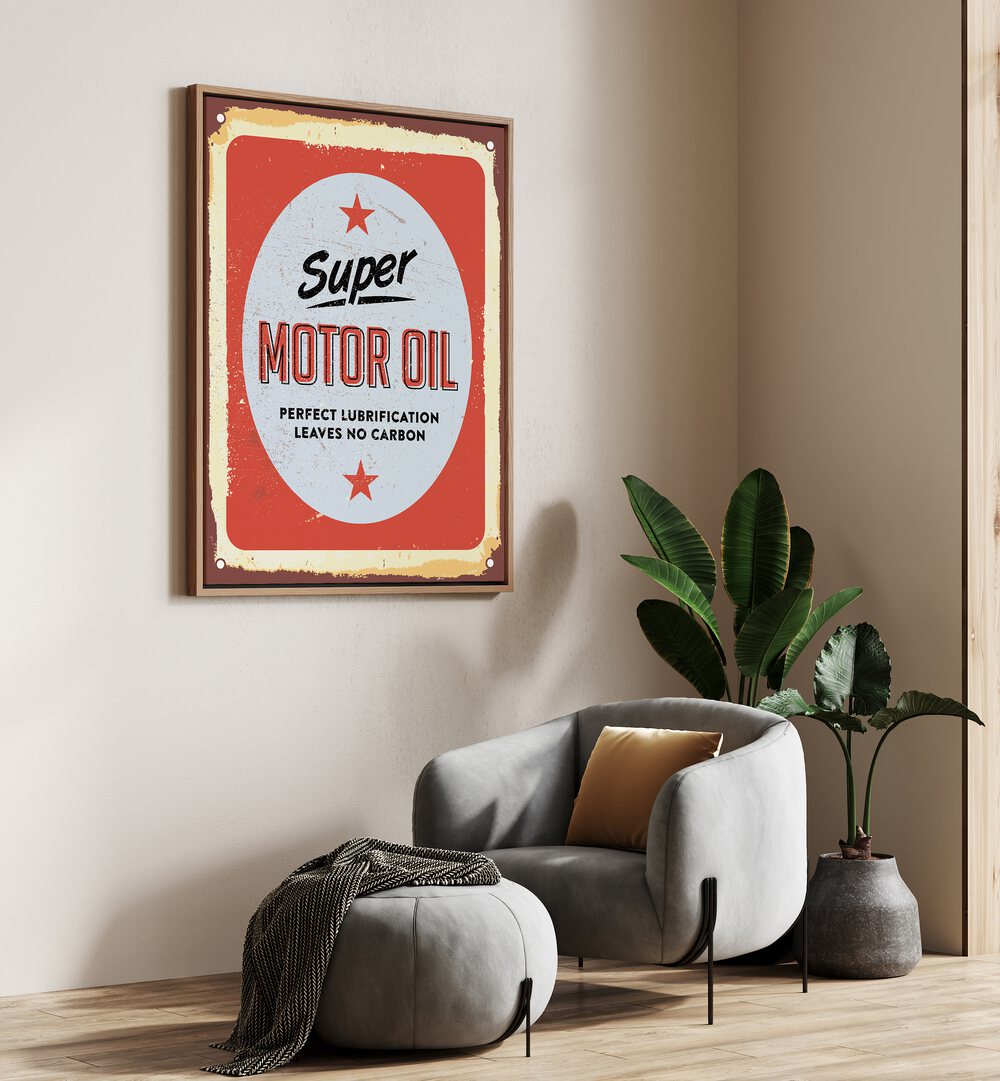 carbon oil car poster Artwork I placed on a Cream Colored Wall near sofa 