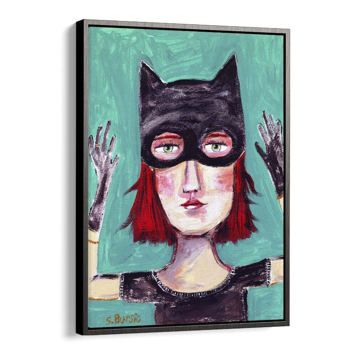 cat lady i women illustration paintings in Black Floater Frame