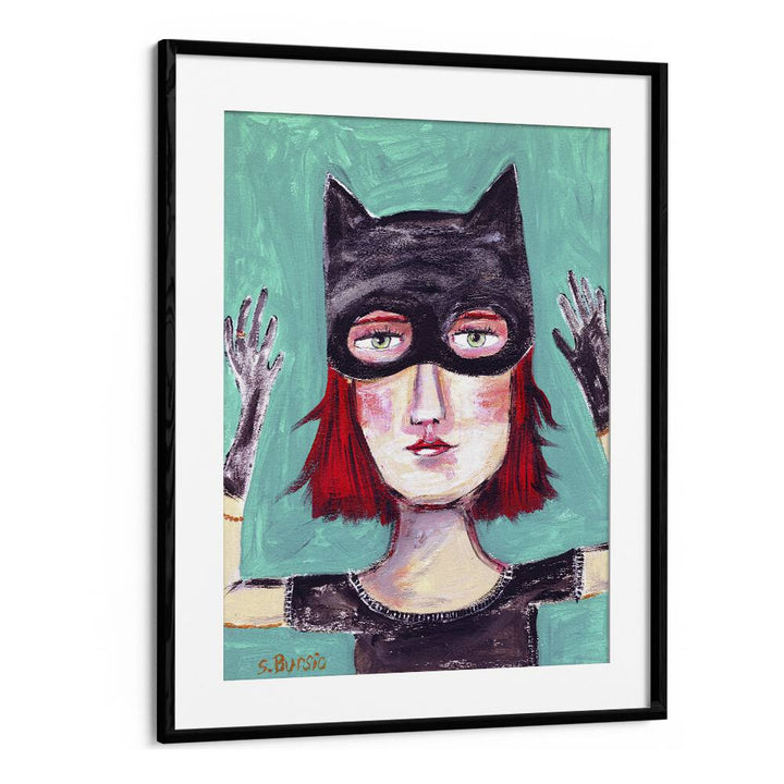 cat lady i women illustration paintings in Black Frame With Mount