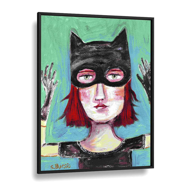 cat lady i women illustration paintings in Black Plain Frame