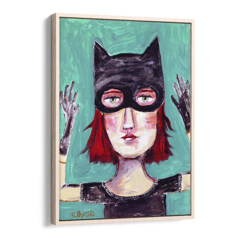 cat lady i women illustration paintings in Oak Wood Floater Frame