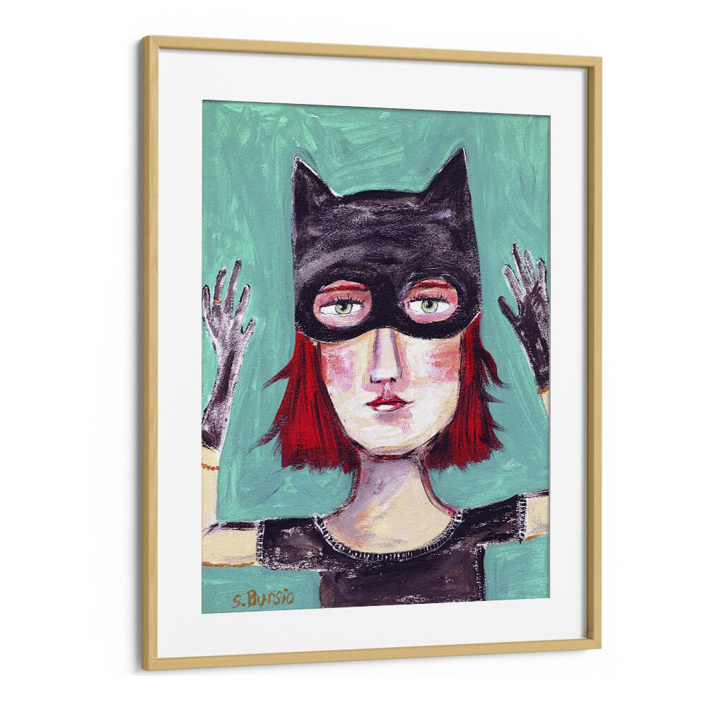 cat lady i women illustration paintings in Oak Wood Frame With Mount