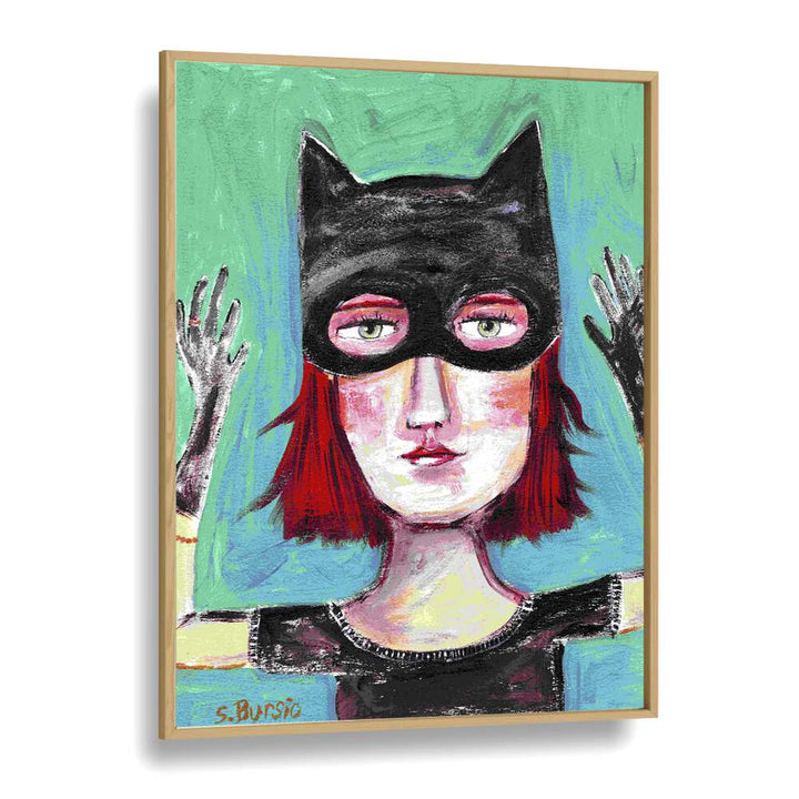 cat lady i women illustration paintings in Oak Wood Plain Frame