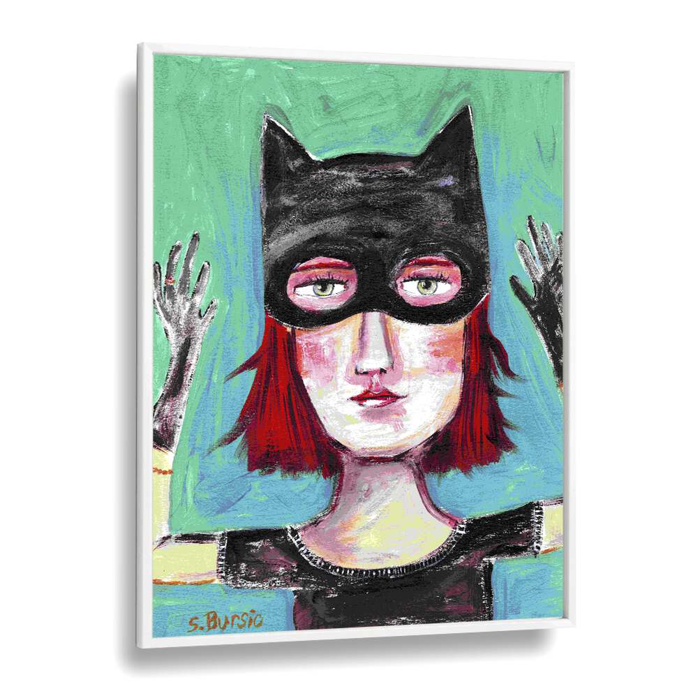 cat lady i women illustration paintings in White Plain Frame