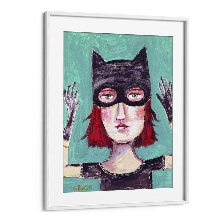 cat lady iwomen illustration paintings in White Frame With Mount