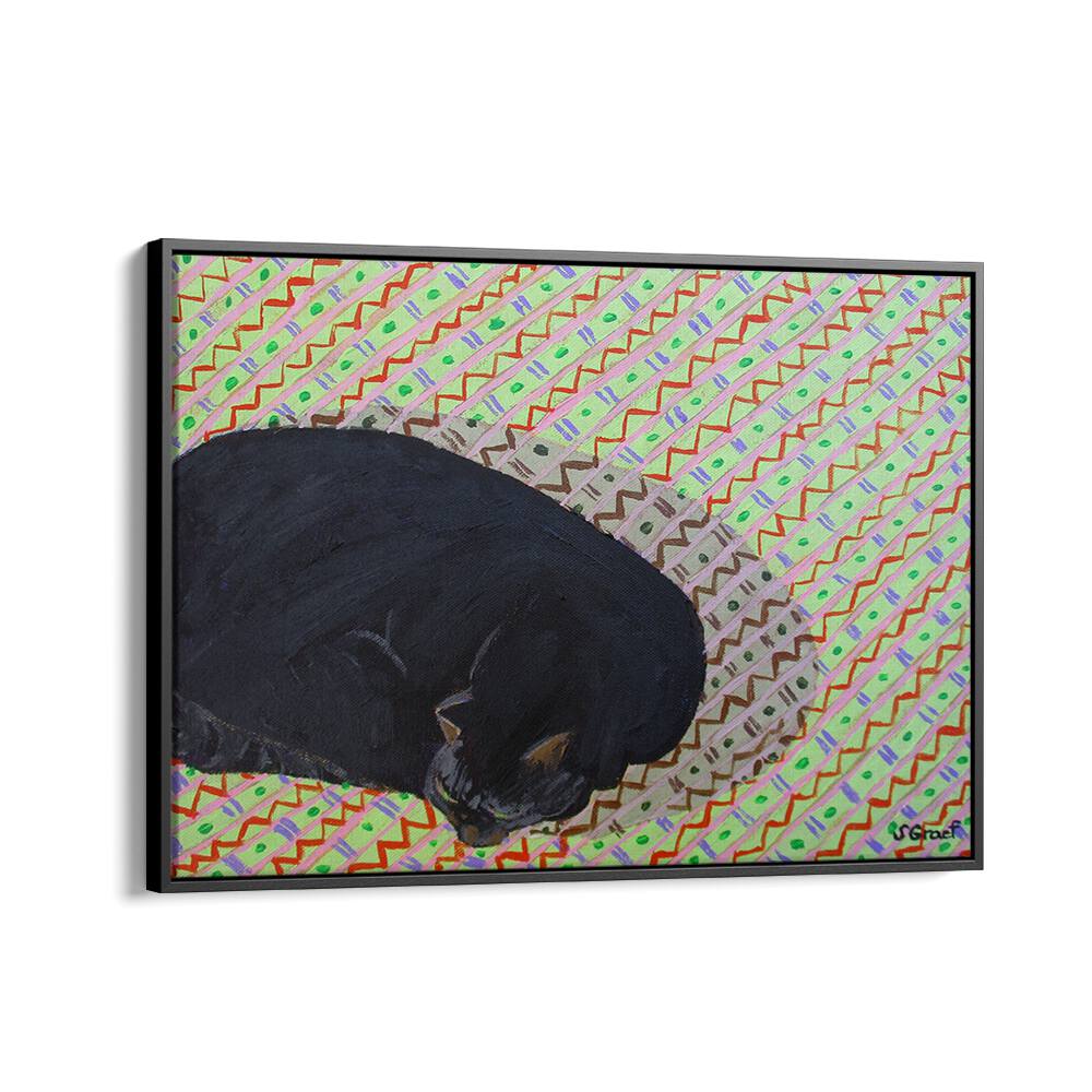 cat on pattern rug wildlife paintings in Black Floater Frame