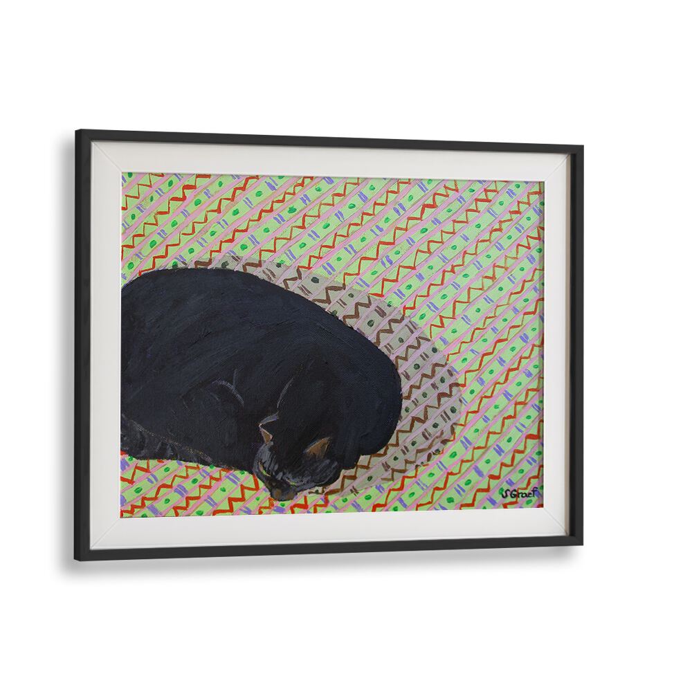 cat on pattern rug wildlife paintings in Black Frame With Mount