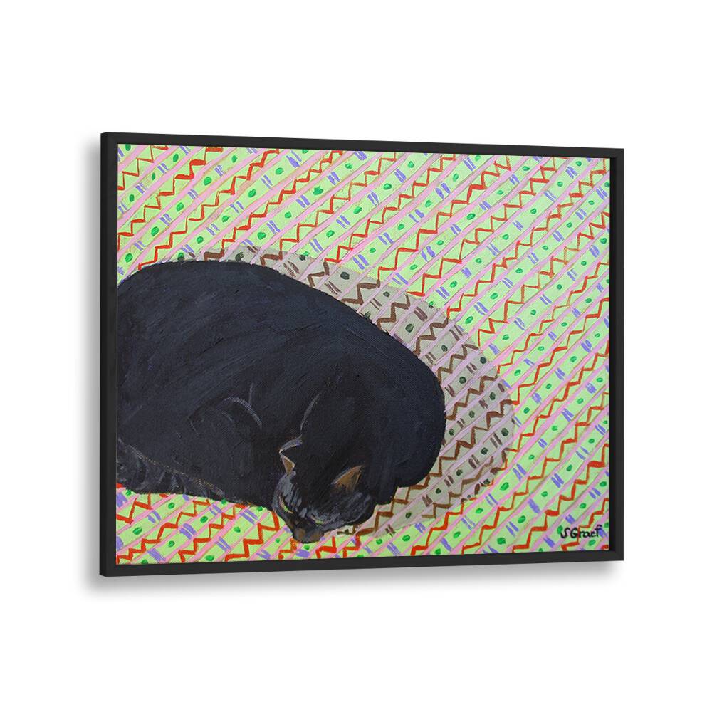 cat on pattern rug wildlife paintings in Black Plain Frame