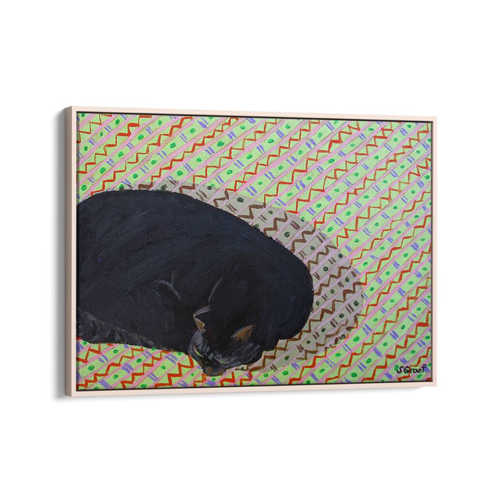 cat on pattern rug wildlife paintings in Oak Wood Floater Frame