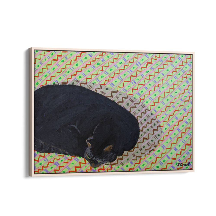 cat on pattern rug wildlife paintings in Oak Wood Floater Frame