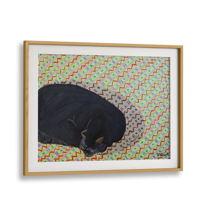 cat on pattern rug wildlife paintings in Oak Wood Frame With Mount