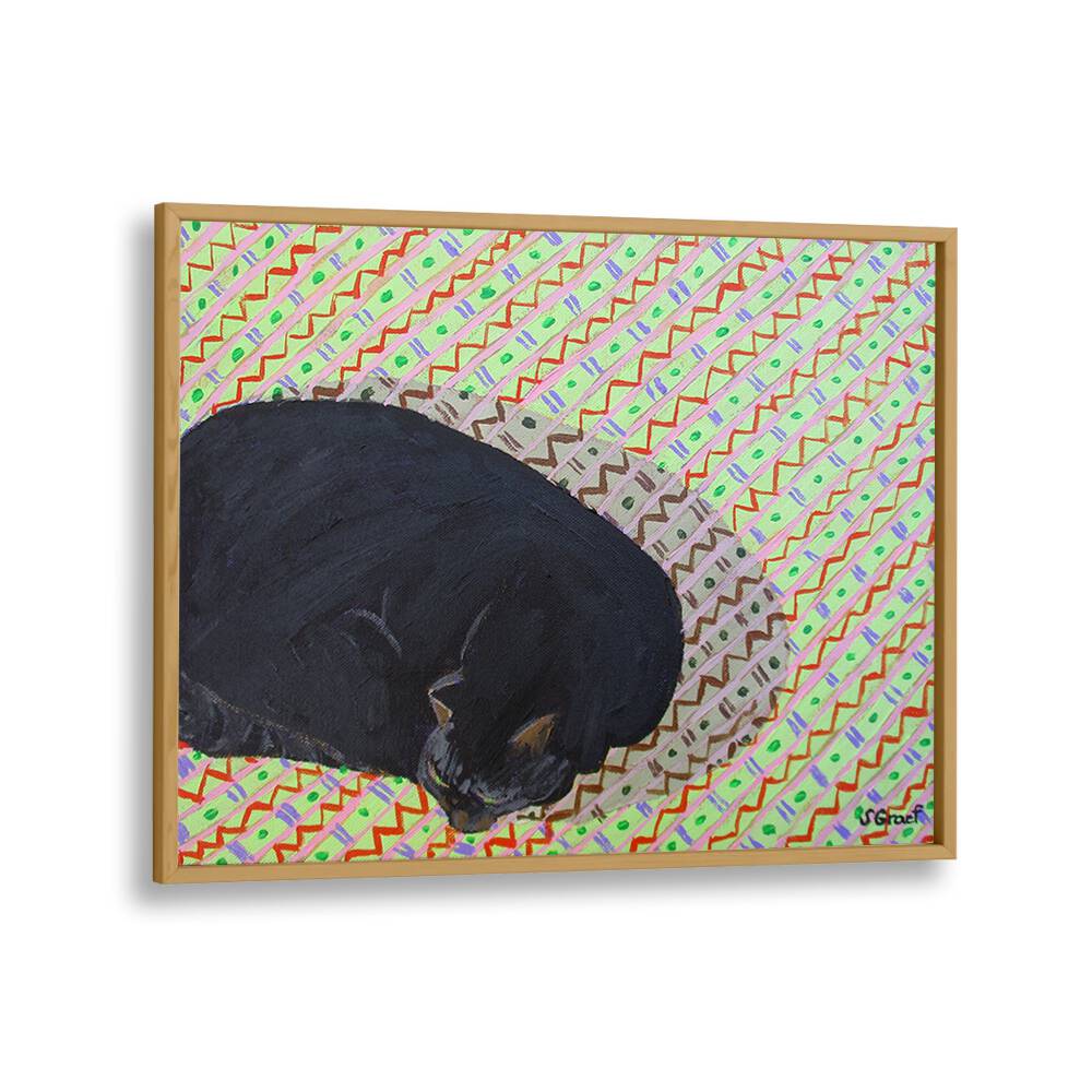 cat on pattern rug wildlife paintings in Oak Wood Plain Frame