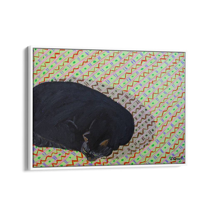 cat on pattern rug wildlife paintings in White Floater Frame
