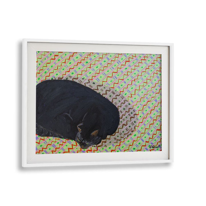 cat on pattern rug wildlife paintings in White Frame With Mount