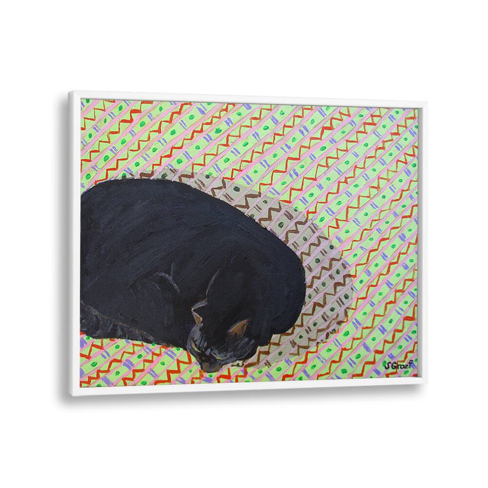 cat on pattern rug wildlife paintings in White Plain Frame