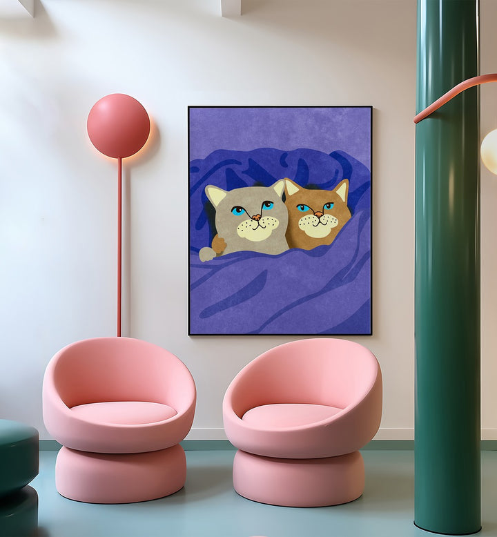 CATS IN BED , ANIMAL PAINTINGS