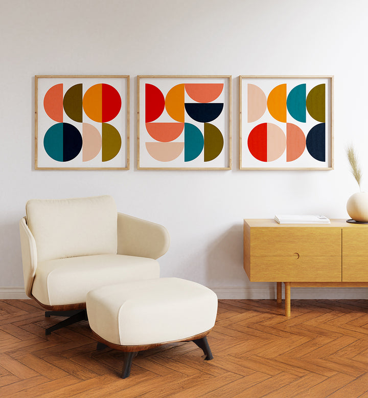 MID - CENTURY GEOMETRICAL COLOUR PLAY , SET OF 3 PAINTINGS