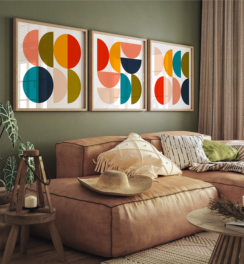 MID - CENTURY GEOMETRICAL COLOUR PLAY , SET OF 3 PAINTINGS