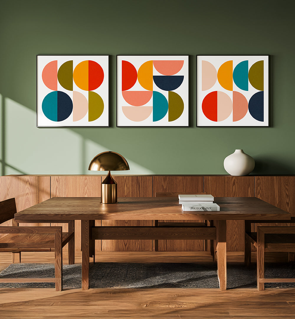 MID - CENTURY GEOMETRICAL COLOUR PLAY , SET OF 3 PAINTINGS