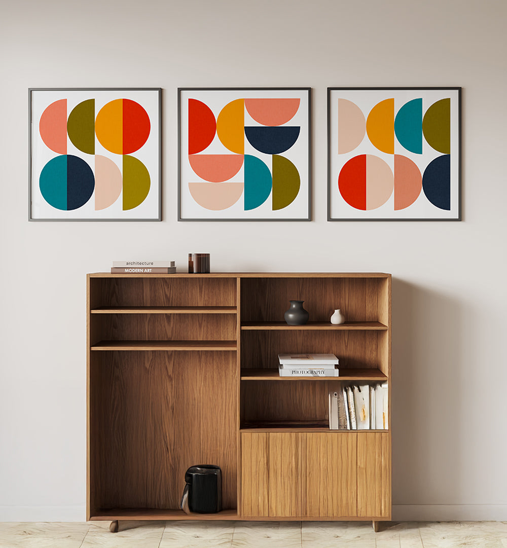 MID - CENTURY GEOMETRICAL COLOUR PLAY , SET OF 3 PAINTINGS