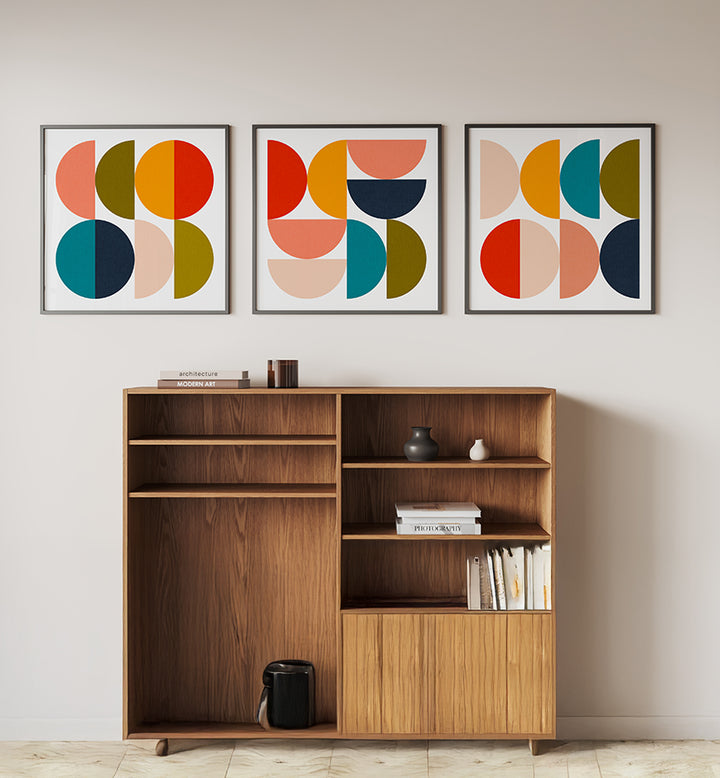 MID - CENTURY GEOMETRICAL COLOUR PLAY , SET OF 3 PAINTINGS