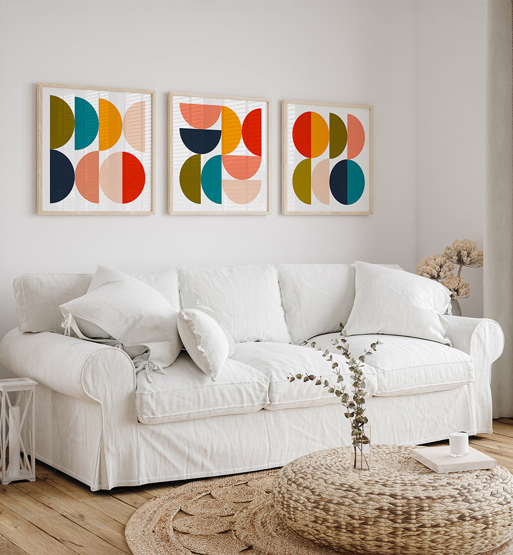 MID - CENTURY GEOMETRICAL COLOUR PLAY , SET OF 3 PAINTINGS