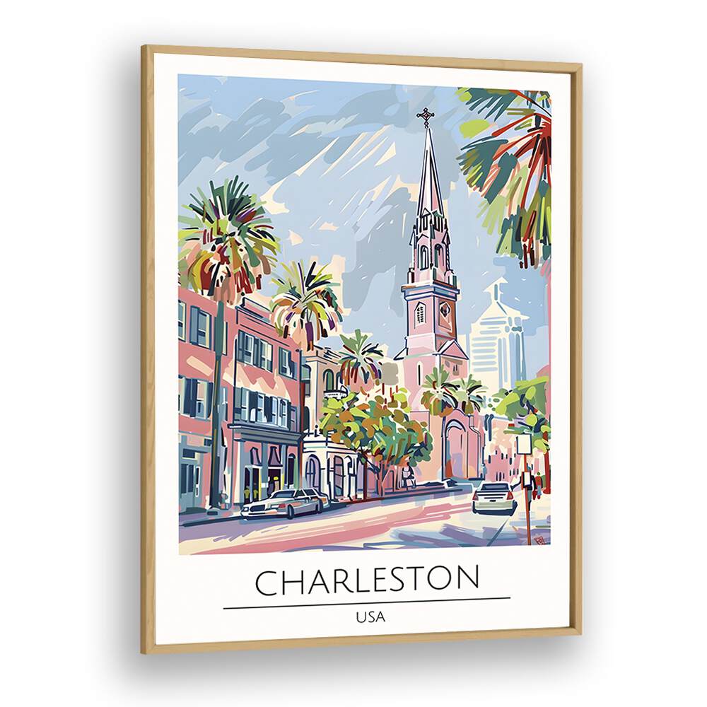 charleston-usa travel posters in Oak Wood Plain Frame