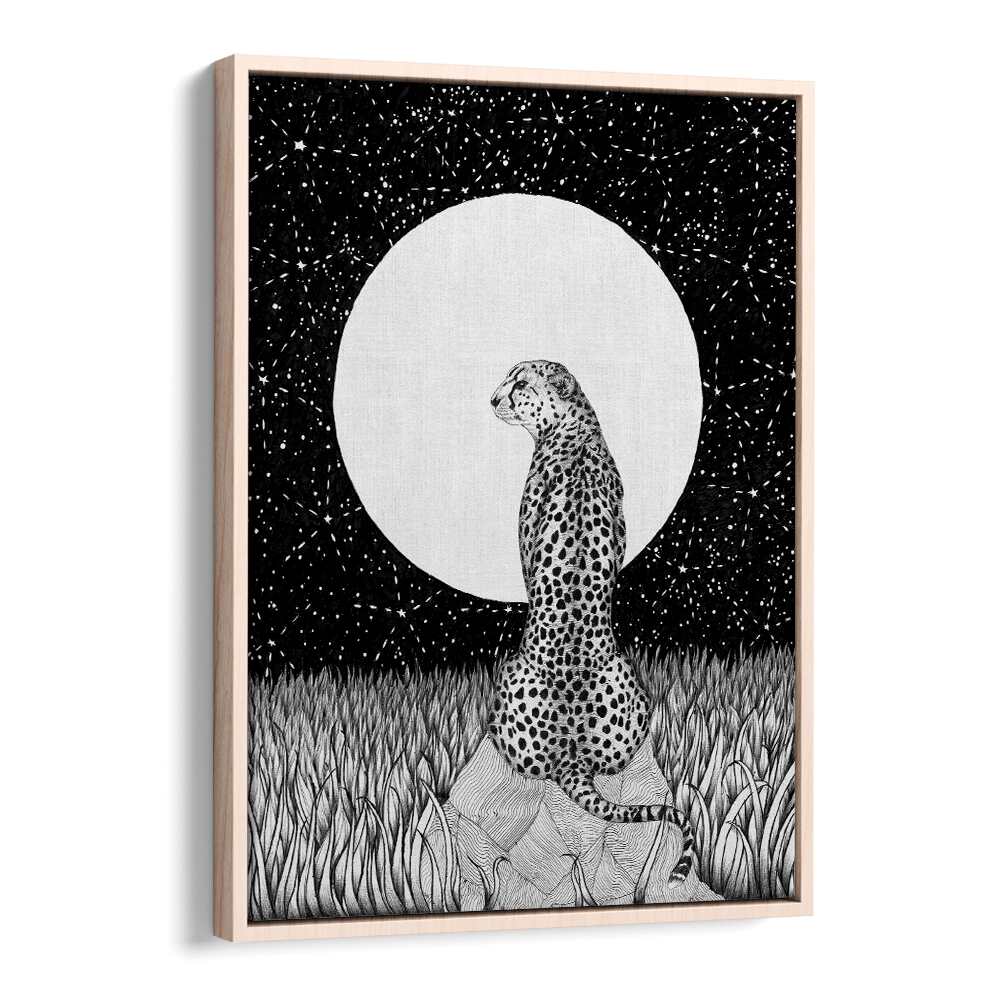 cheetah moon large Vintage paintings in Oak Wood Floater Frame