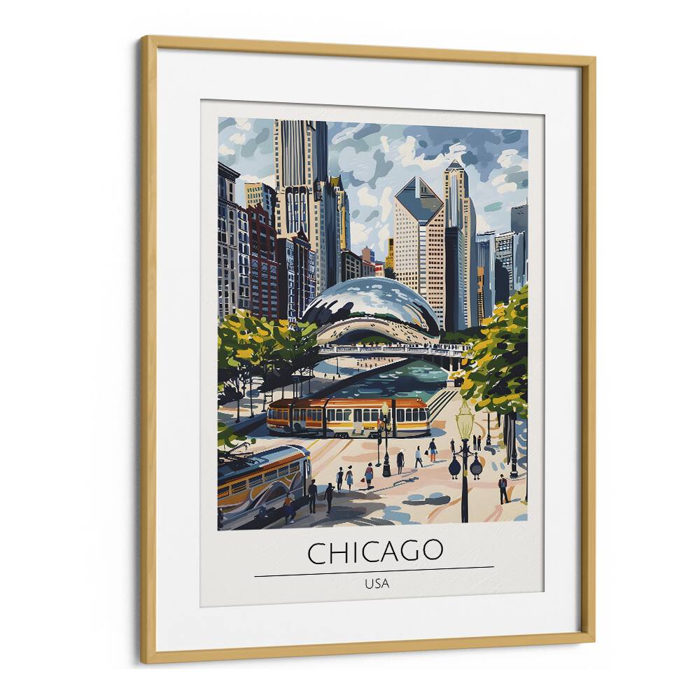 chigaco-usa travel posters in Oak Wood Frame With Mountk