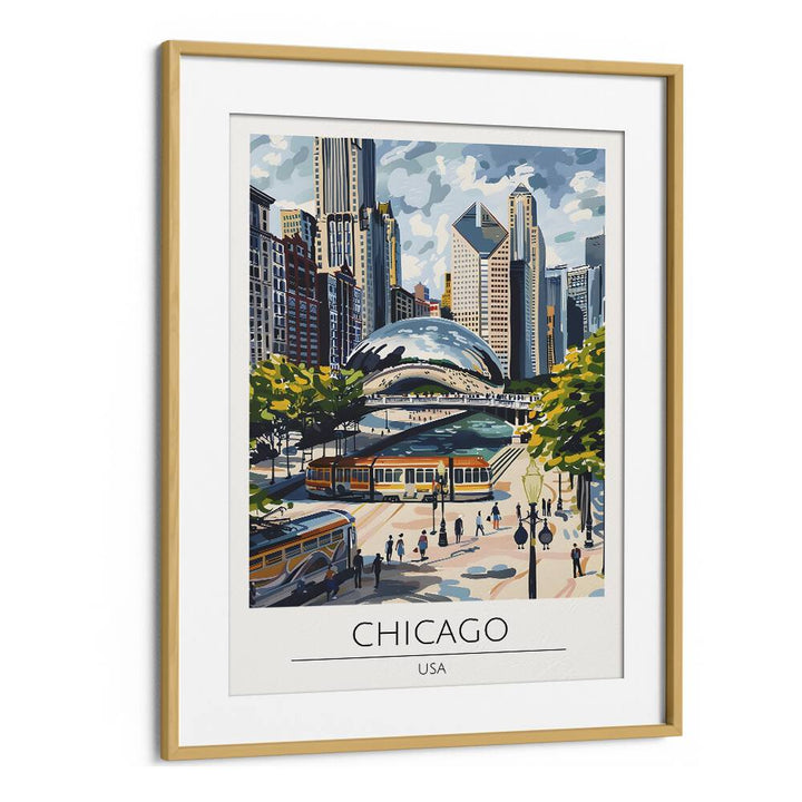 chigaco-usa travel posters in Oak Wood Frame With Mountk