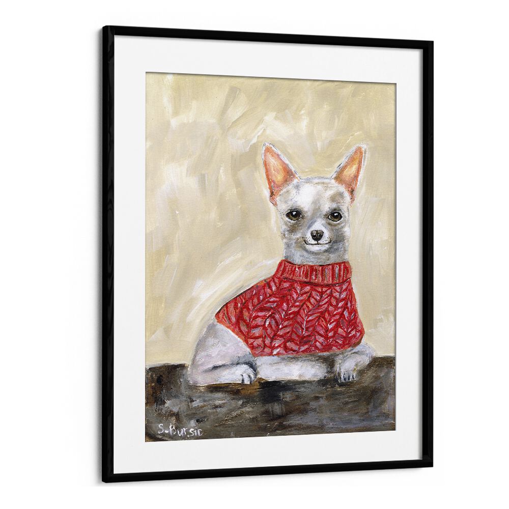 chihuahua women illustration paintings in Black Frame With Mount