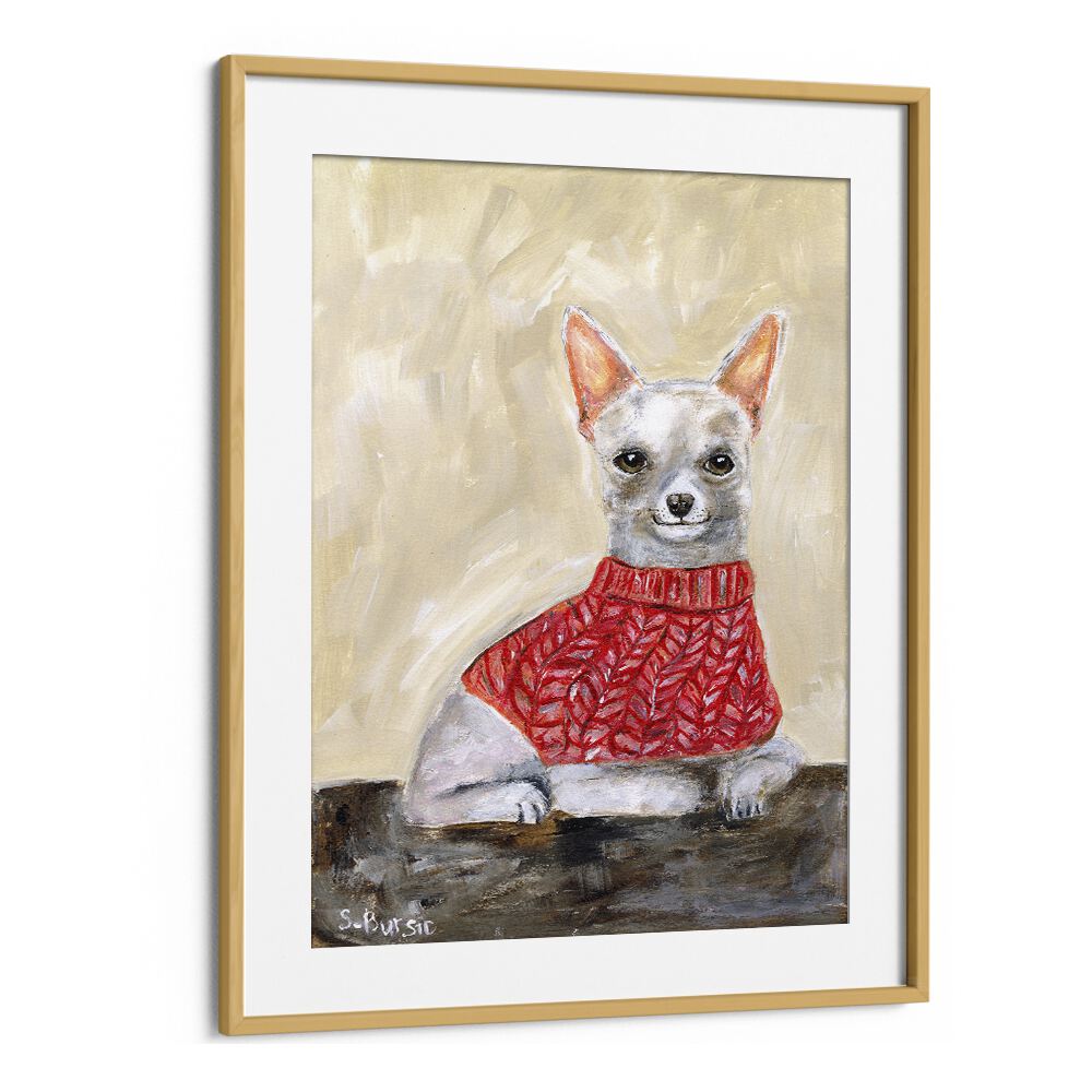 chihuahua women illustration paintings in Oak Wood Frame With Mount