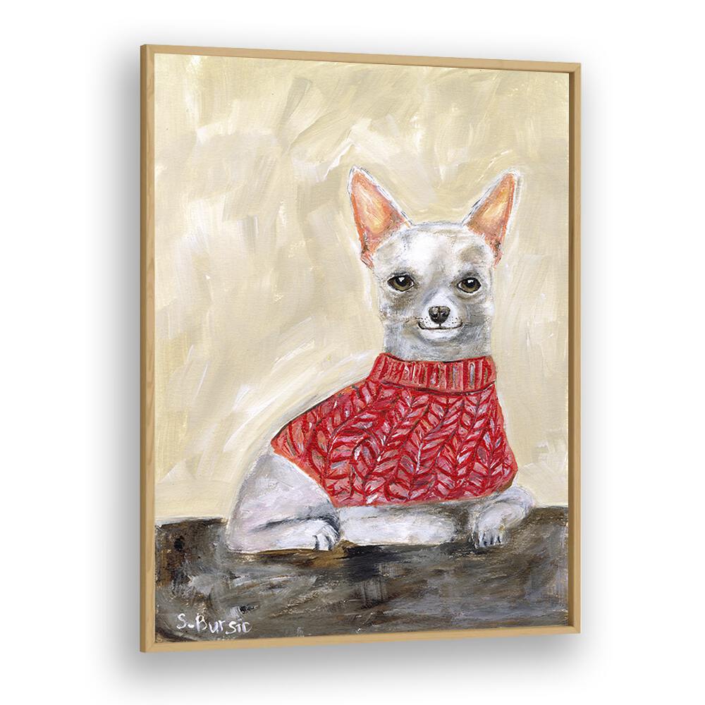 chihuahua women illustration paintings in Oak Wood Plain Frame