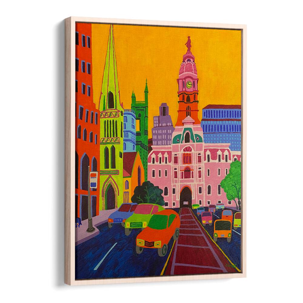city hall landscape art prints in Oak Wood Floater Frame