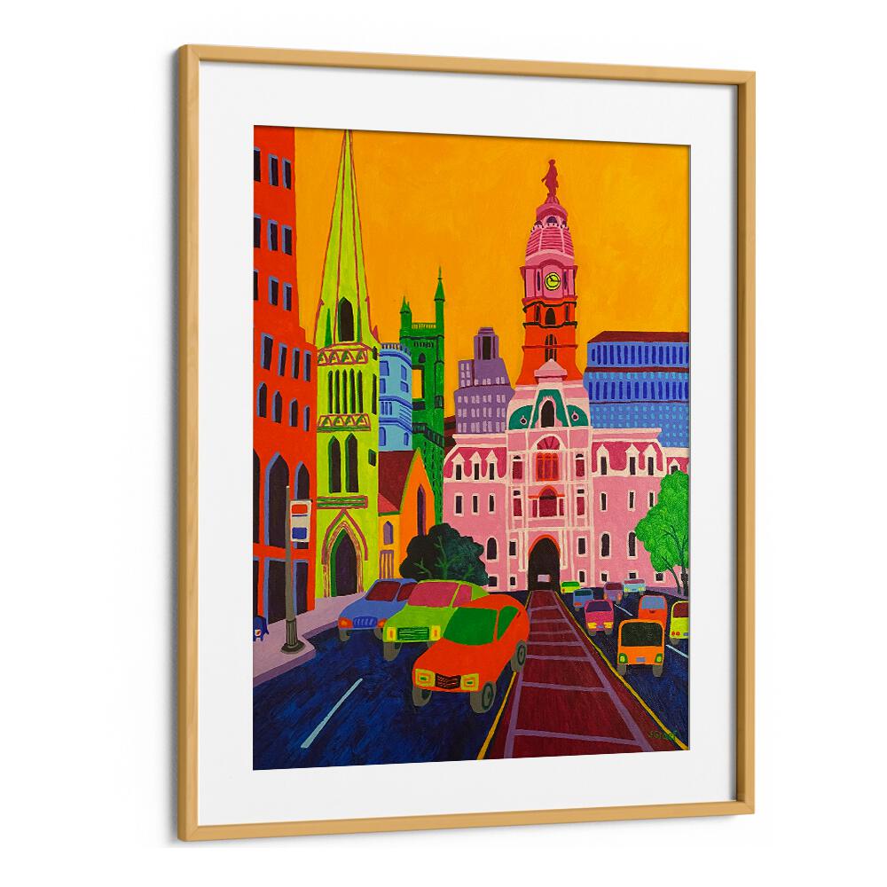 city hall landscape art prints in Oak Wood Frame With Mount