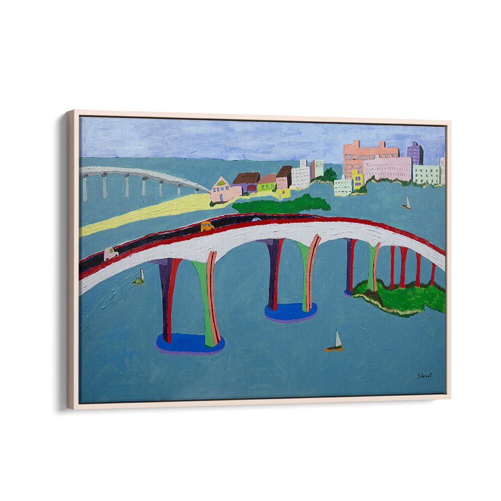 clearwater bridge landscape art prints in Oak Wood Floater Frame