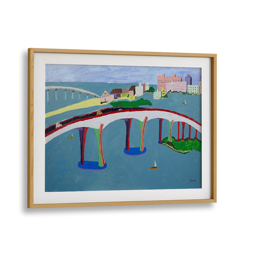 clearwater bridge landscape art prints in Oak Wood Frame With Mount