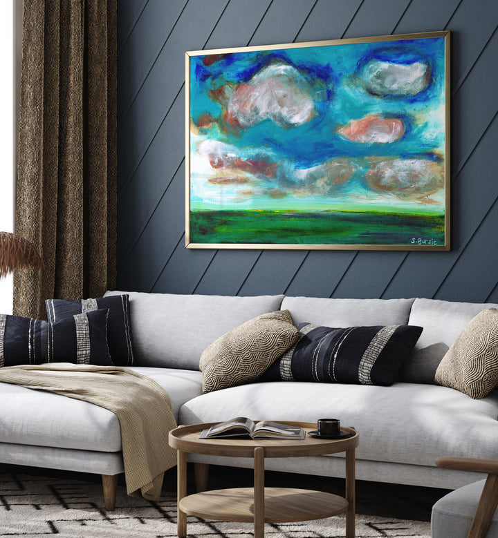 cloudy landscape women illustration paintings Artwork II placed on a wall