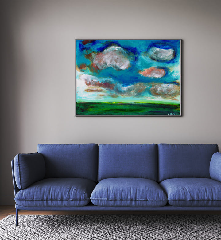 cloudy landscape women illustration paintings Artwork III placed on a wall