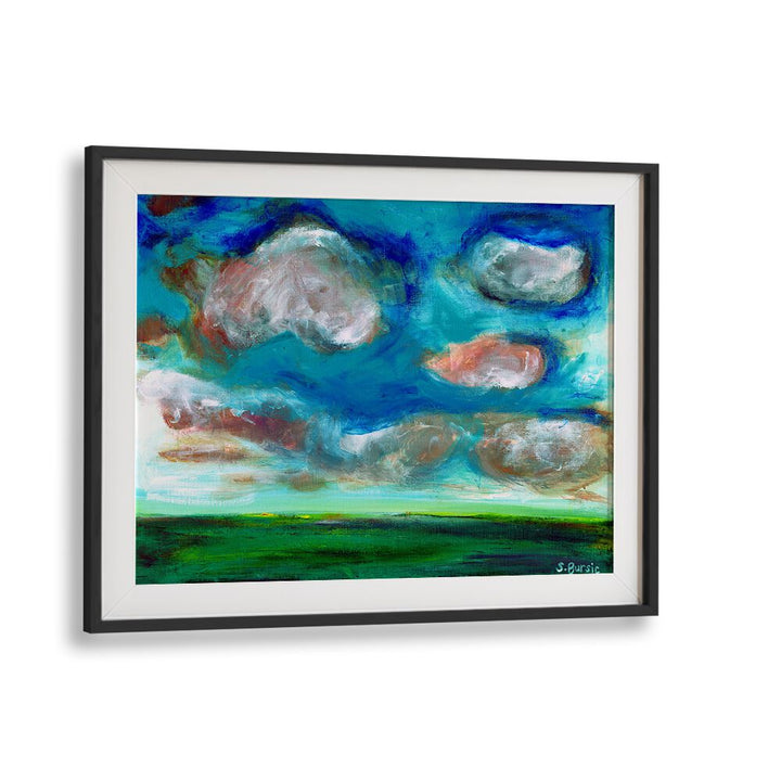 cloudy landscape women illustration paintings in Black Frame With Mount