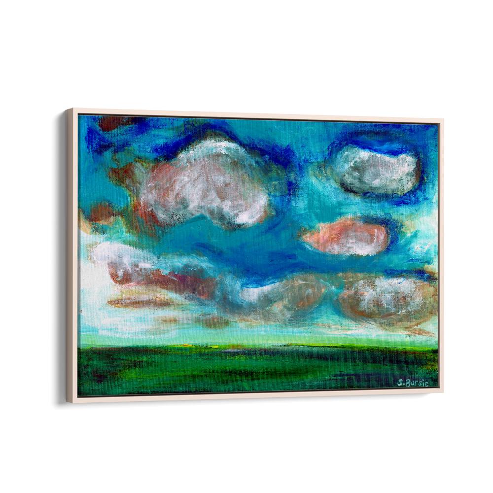 cloudy landscape women illustration paintings in Oak Wood Floater Frame