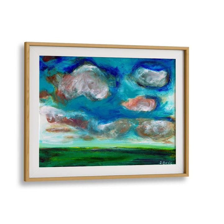 cloudy landscape women illustration paintings in Oak Wood Frame With Mount