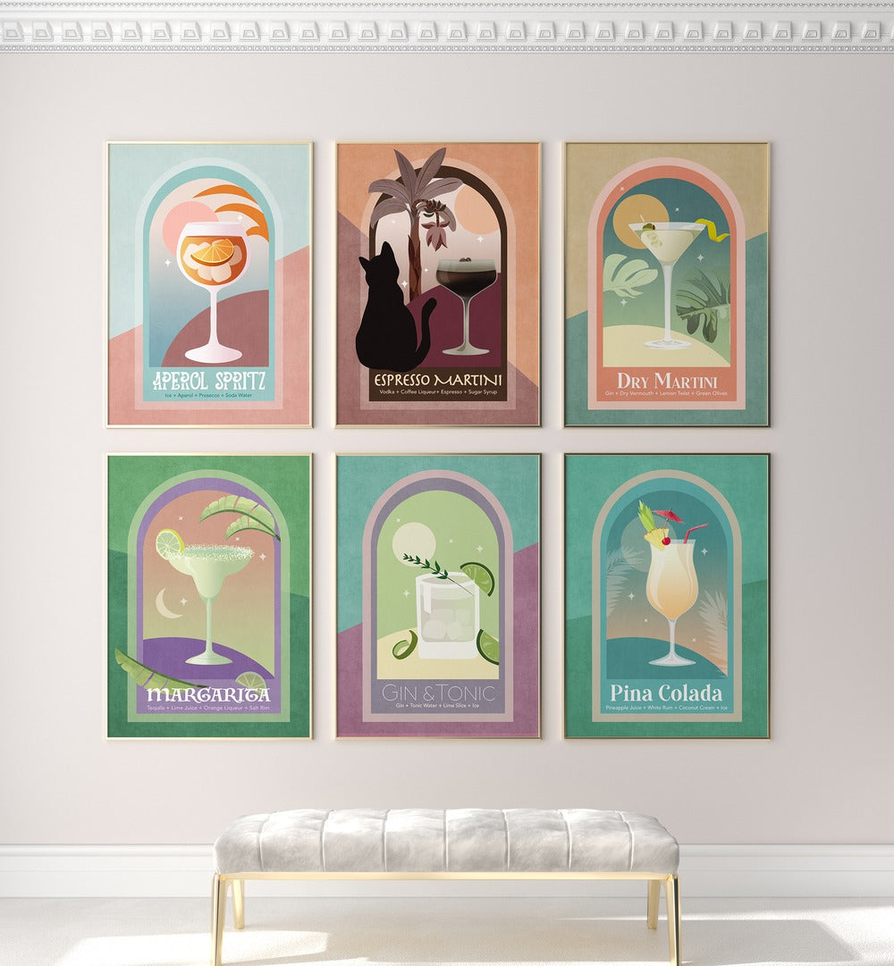 cocktail drinks gallery wall  set of 6  placed on a wall